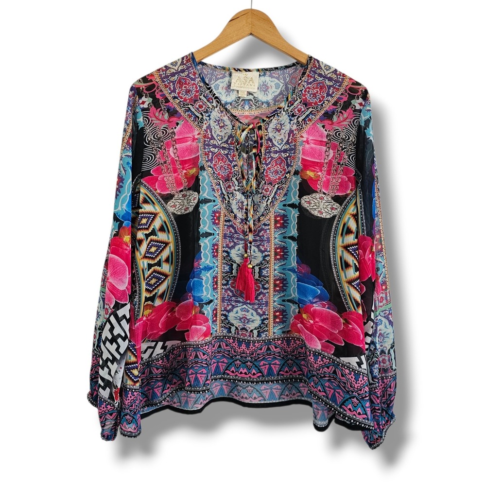 ASA Kaftans Top XXL Women Colorful Pink‎ Floral Boho Tassel Resort Artsy Cruise